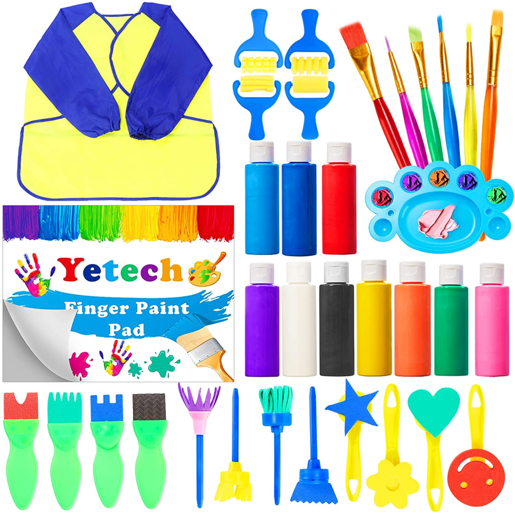 Yetech Kids Washable Finger Paints Set Acrylic paint with 10 colors Non-Toxic Pigment(60ml), Waterproof Apron, Brushes, Finger Paint Pad, Sponge, Palette