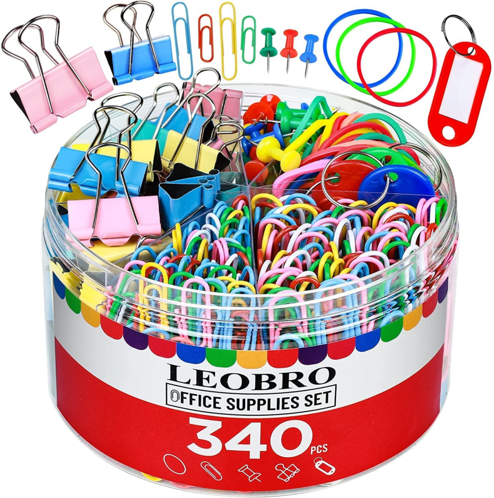 
340PCS Binder Clips Paper Clips, LEOBRO Office Clips Set, 150PCS Paperclips, 34PCS Binder Clips Paper Clamps, 80PCS Rubber Bands, 70PCS Push Pins Thumb