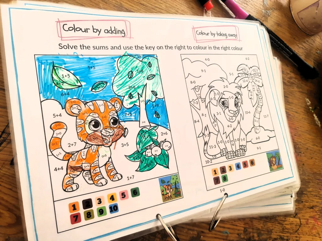 Colour by adding and taking away - maths activity book